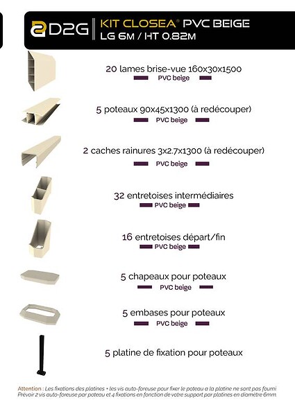 CLOSEA - Kit cloture - Lame 16cm   - PVC Beige - LG: 6m x H: 0m82 - large