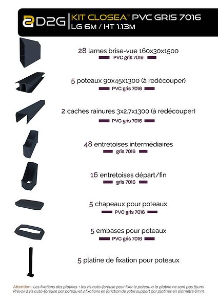 CLOSEA - Kit cloture - Lame 16cm  - PVC Gris - LG: 6m x H: 1m13 - large