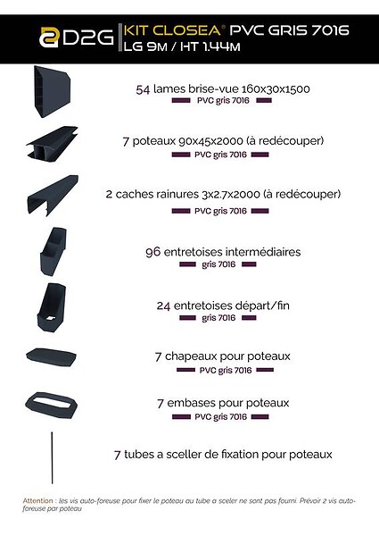 CLOSEA - Kit cloture - Lame 16cm  - PVC Gris - LG: 9m x H: 1m44 - large