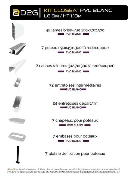 CLOSEA - Kit cloture - Lame 16cm   - PVC Blanc - LG: 9m x H: 1m13 - large