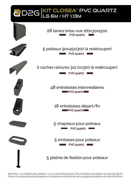 CLOSEA - Kit cloture - Lame 16cm   - PVC Quartz - LG: 6m x H: 1m74 - large