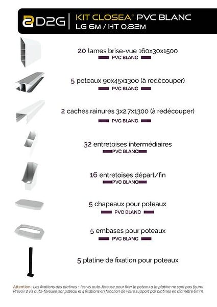 CLOSEA - Kit cloture - Lame 16cm   - PVC Blanc - LG: 6m x H: 0m82 - large