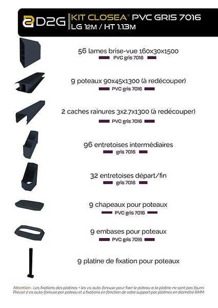 CLOSEA - Kit cloture - Lame 16cm   - PVC Gris - LG: 12m x H: 1m13 - large