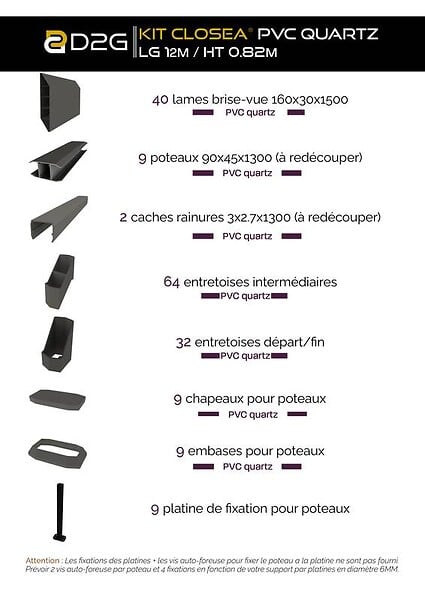 CLOSEA - Kit cloture - Lame 16cm   - PVC Quartz - LG: 12m x H: 0m82 - large