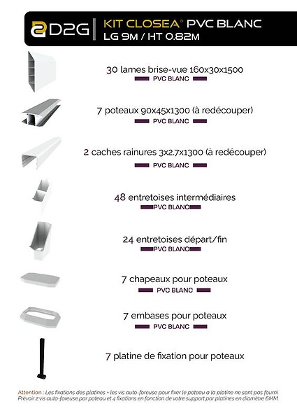 CLOSEA - Kit cloture - Lame 16cm   - PVC Blanc - LG: 9m x H: 0m82 - large