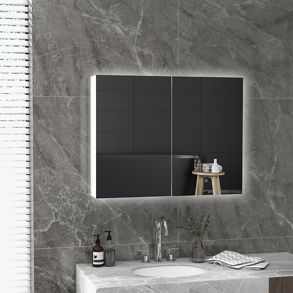 KLEANKIN - Armoire miroir LED de salle de bain - 2 portes, 2 étagères - tactile, lumière réglable - MDF blanc laqué verre - large