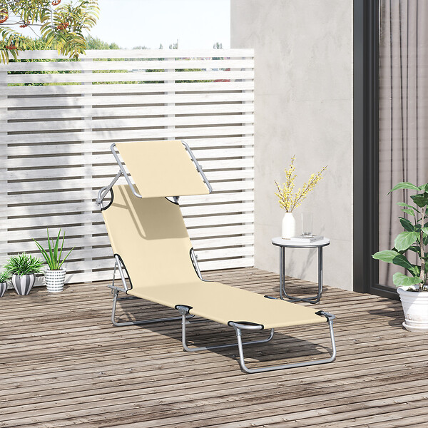 OUTSUNNY - Transat bain de soleil pliable grand confort dossier et pare-soleil réglable multi-positions beige - large