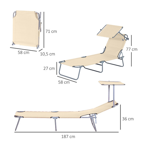 OUTSUNNY - Transat bain de soleil pliable grand confort dossier et pare-soleil réglable multi-positions beige - large