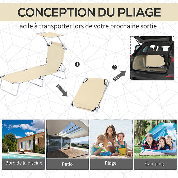 OUTSUNNY - Transat bain de soleil pliable grand confort dossier et pare-soleil réglable multi-positions beige - large