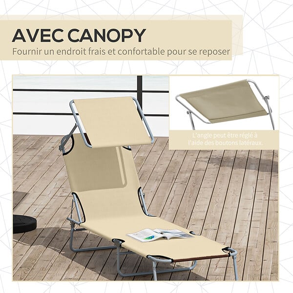 OUTSUNNY - Transat bain de soleil pliable grand confort dossier et pare-soleil réglable multi-positions beige - large