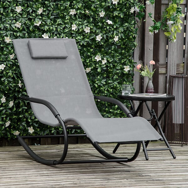 OUTSUNNY - Chaise longue à bascule rocking chair design acier époxy noir textilène gris - large