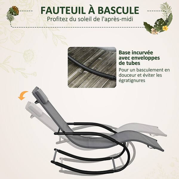 OUTSUNNY - Chaise longue à bascule rocking chair design acier époxy noir textilène gris - large