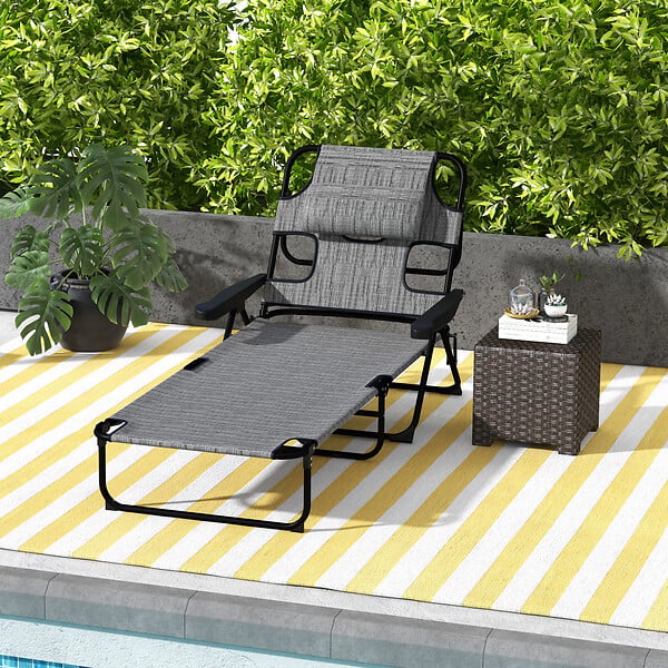 OUTSUNNY - Bain de soleil transat pliable inclinable - coussins, espace tête - acier noir polyester gris chiné - large