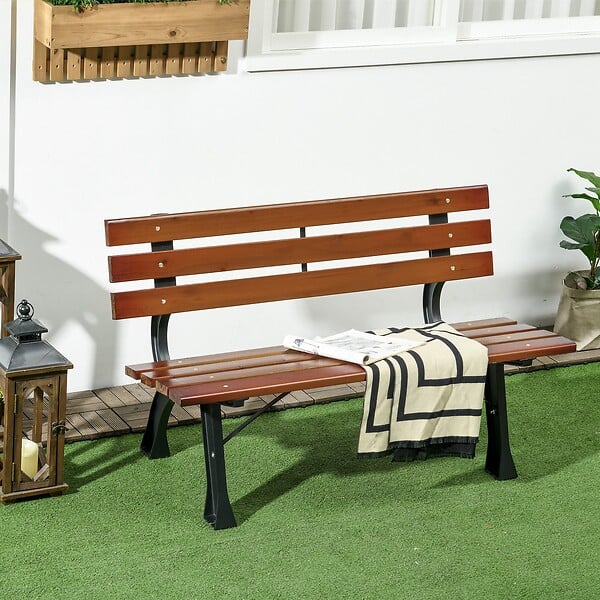 OUTSUNNY - Banc de jardin 2 places style rural chic assise dossier à lattes bois sapin lasuré châssis fonte alu noir - large