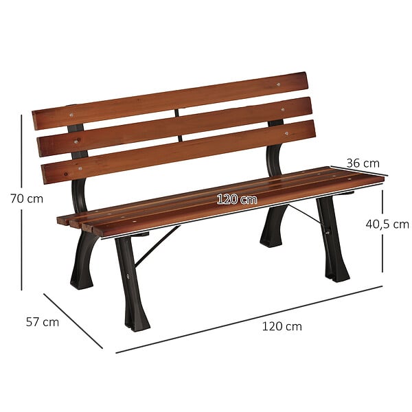 OUTSUNNY - Banc de jardin 2 places style rural chic assise dossier à lattes bois sapin lasuré châssis fonte alu noir - large