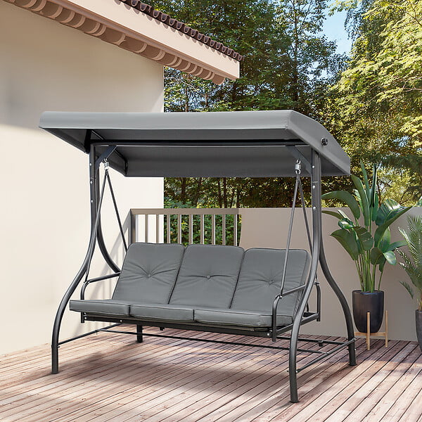 OUTSUNNY - Balancelle de jardin 3 places convertible matelas fourni gris métal noir - large