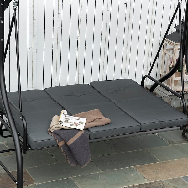 OUTSUNNY - Balancelle de jardin 3 places convertible matelas fourni gris métal noir - large