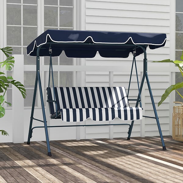 OUTSUNNY - Balancelle de jardin 3 places toit réglable acier polyester bleu blanc rayé - large