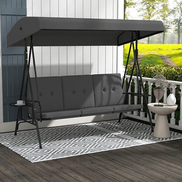 OUTSUNNY - Balancelle de jardin 3 places grand confort - toit réglable, 2 tablettes latérales, coussins - acier polyester anthracite - large