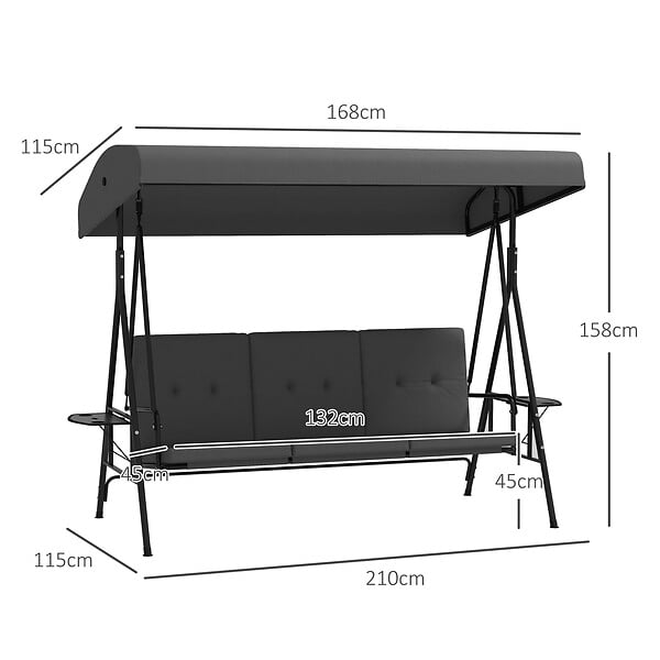 OUTSUNNY - Balancelle de jardin 3 places grand confort - toit réglable, 2 tablettes latérales, coussins - acier polyester anthracite - large