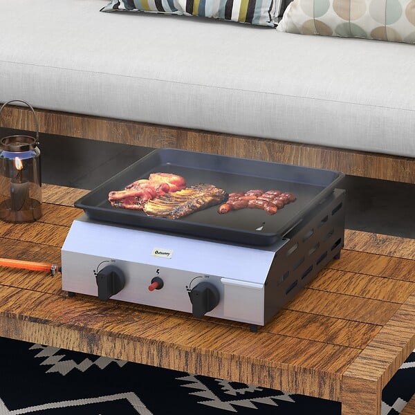 OUTSUNNY - Plancha gaz portable antiadhésive 2 brûleurs 4,8 kW surface cuisson 40L x 34l cm acier inox émaillé - large