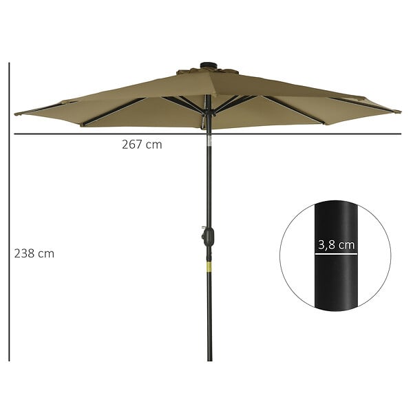 OUTSUNNY - Parasol octogonal inclinable Ø 2,67 x 2,4 m lumineux solaire 24 LED polyester haute densité 180 g/m² kaki - large