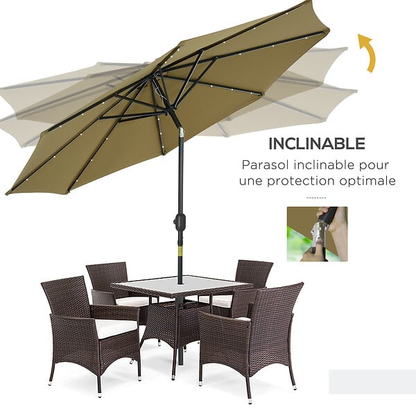OUTSUNNY - Parasol octogonal inclinable Ø 2,67 x 2,4 m lumineux solaire 24 LED polyester haute densité 180 g/m² kaki - large
