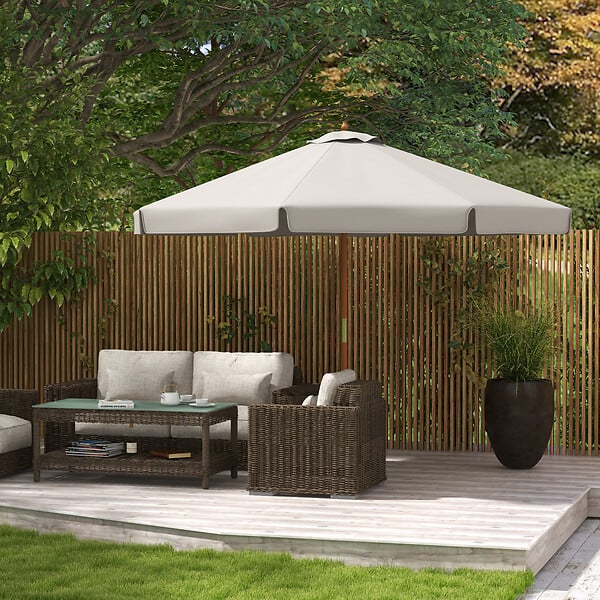 OUTSUNNY - Parasol droit rond grande taille de jardin Ø 3,25 x 2,5H m bois de bambou polyester gris - large
