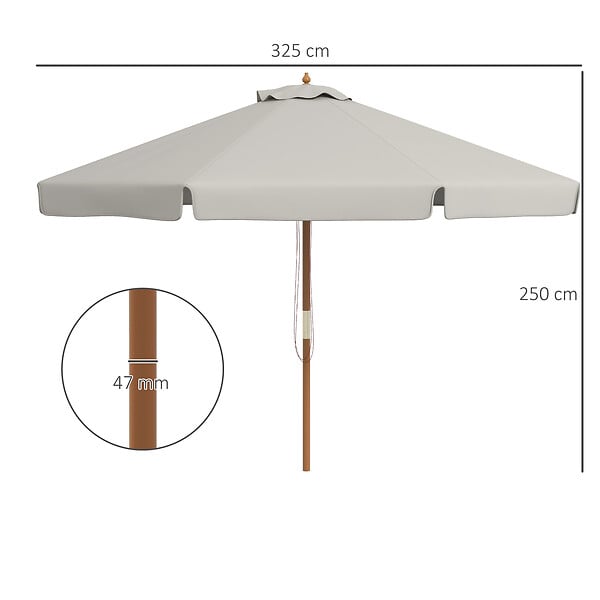 OUTSUNNY - Parasol droit rond grande taille de jardin Ø 3,25 x 2,5H m bois de bambou polyester gris - large