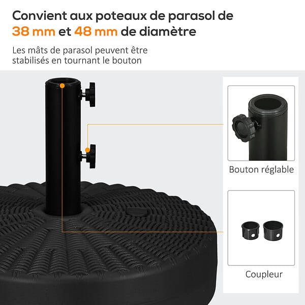 OUTSUNNY - Pied de parasol rond base de lestage Ø 51 x 36 cm HDPE aspect résine noir - large