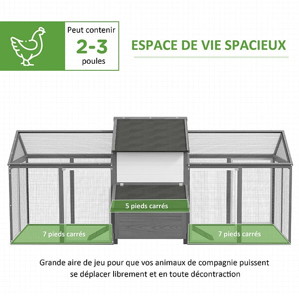 PAWHUT - Poulailler en bois 2 enclos modulables niche pondoir gris - large