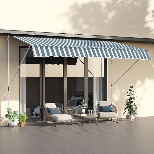 OUTSUNNY - Store banne manuel rétractable 3L x 1,5l m inclinaison et hauteur réglable installation rapide métal alu polyester anti-UV vert blanc rayé - large