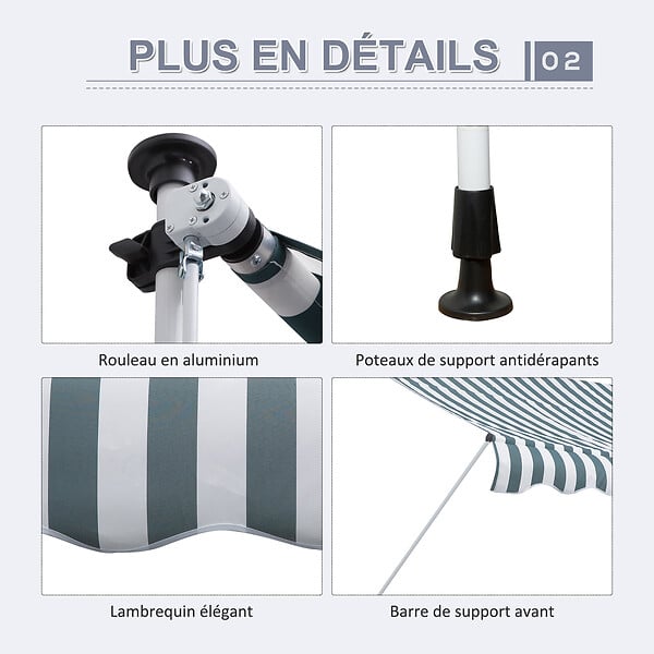 OUTSUNNY - Store banne manuel rétractable 3L x 1,5l m inclinaison et hauteur réglable installation rapide métal alu polyester anti-UV vert blanc rayé - large