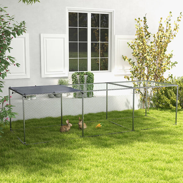 PAWHUT - Cage parc enclos poulailler dim. 2,96L x 1l x 0,8H m - espace couvert - ouverture toit verrouillable - acier gris vert - large