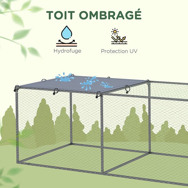 PAWHUT - Cage parc enclos poulailler dim. 2,96L x 1l x 0,8H m - espace couvert - ouverture toit verrouillable - acier gris vert - large