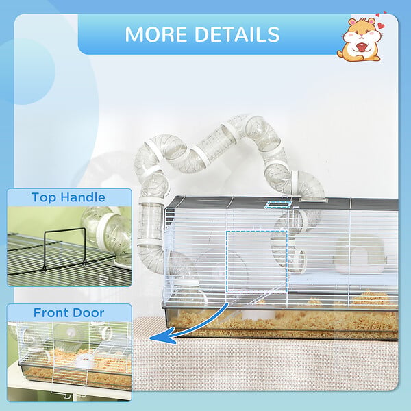 PAWHUT - Cage rongeur hamster - tunnel, poignée, accessoires - plastique acier gris blanc - large
