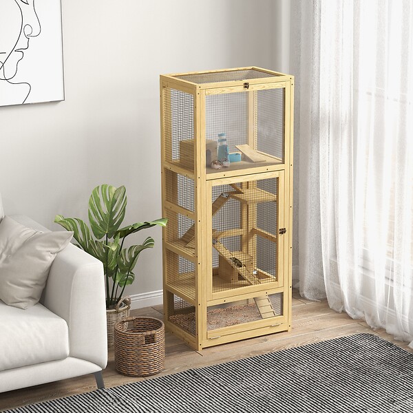 PAWHUT - Cage pour rongeurs petits animaux en bois 5 niveaux - échelle, niche, balançoire, plateau amovible, abreuvoir - large