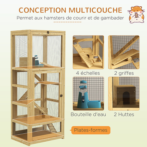 PAWHUT - Cage pour rongeurs petits animaux en bois 5 niveaux - échelle, niche, balançoire, plateau amovible, abreuvoir - large