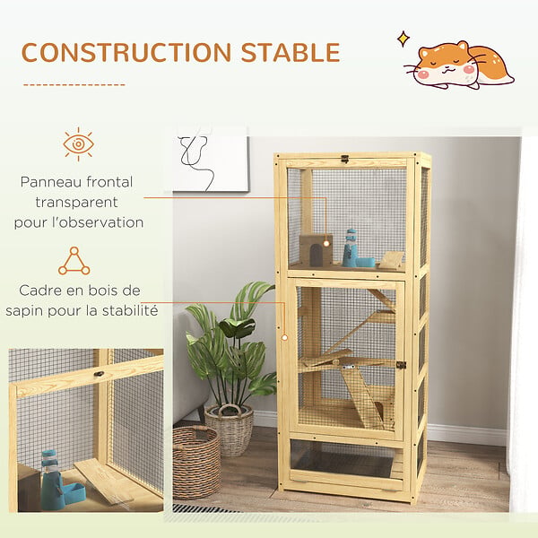 PAWHUT - Cage pour rongeurs petits animaux en bois 5 niveaux - échelle, niche, balançoire, plateau amovible, abreuvoir - large
