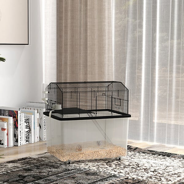 PAWHUT - Cage rongeur hamster 2 étages - roulettes, plateforme, échelle, accessoires - PP transparent acier noir - large