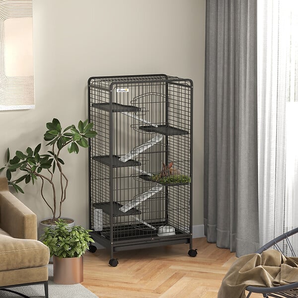 PAWHUT - Cage pour petits animaux roulante 5 rampes 5 plateformes gamelle distributeur eau plateau amovible métal PP noir - large