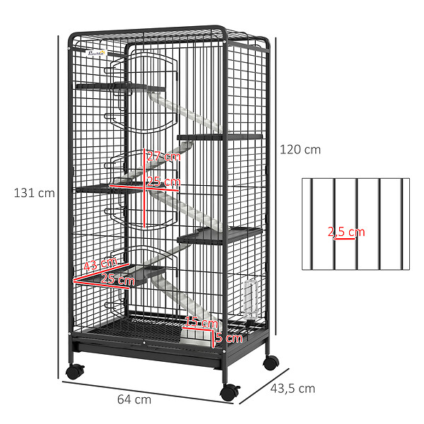 PAWHUT - Cage pour petits animaux roulante 5 rampes 5 plateformes gamelle distributeur eau plateau amovible métal PP noir - large