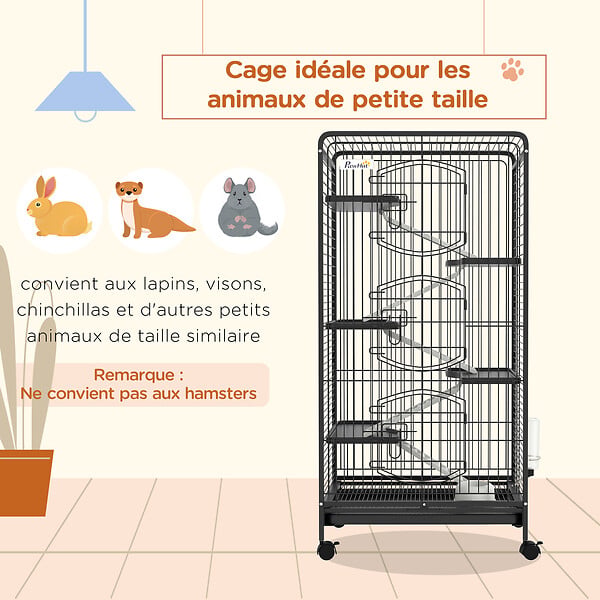 PAWHUT - Cage pour petits animaux roulante 5 rampes 5 plateformes gamelle distributeur eau plateau amovible métal PP noir - large