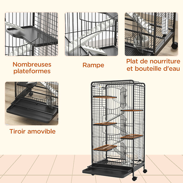 PAWHUT - Cage pour petits animaux roulante 5 rampes 5 plateformes gamelle distributeur eau plateau amovible métal PP noir - large