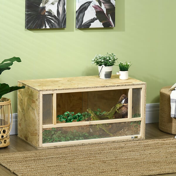 PAWHUT - Terrarium - vivarium reptiles - 2 portes coulissantes verre trempé - parois maillées frontales - métal OSB - large