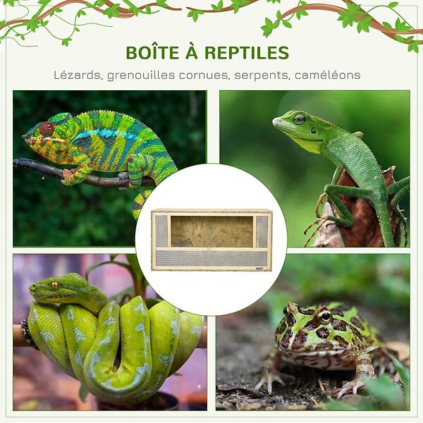 PAWHUT - Terrarium - vivarium reptiles - 2 portes coulissantes verre trempé - parois maillées frontales - métal OSB - large