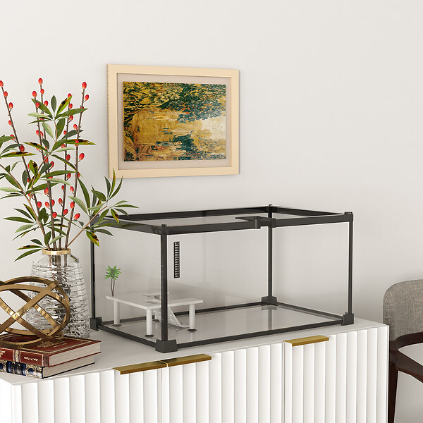 PAWHUT - Terrarium en verre - vivarium reptiles & batraciens - habitat tortue - couvercle grillagé coulissant verrouillable - accessoires, thermomètre inclus - métal noir verre - large