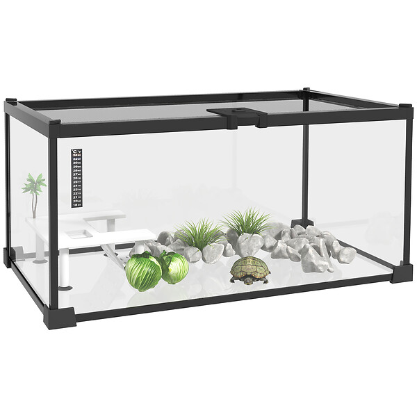 PAWHUT - Terrarium en verre - vivarium reptiles & batraciens - habitat tortue - couvercle grillagé coulissant verrouillable - accessoires, thermomètre inclus - métal noir verre - large