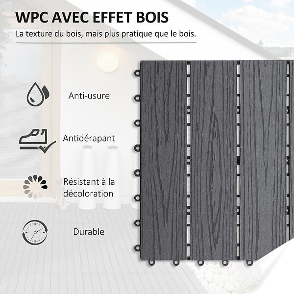 OUTSUNNY - Caillebotis - dalles terrasse - lot de 11 - clipsables, installation très simple - lamelles composite aspect bois gris - large