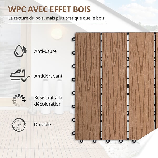 OUTSUNNY - Caillebotis - dalles terrasse - lot de 11 - clipsables, installation très simple - lamelles composite aspect bois de teck - large